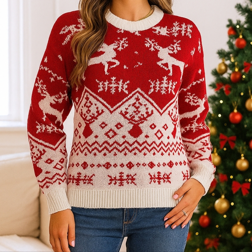 Classic Fair Isle Reindeer Christmas Sweater Top Holiday Long Sleeve Festive Red